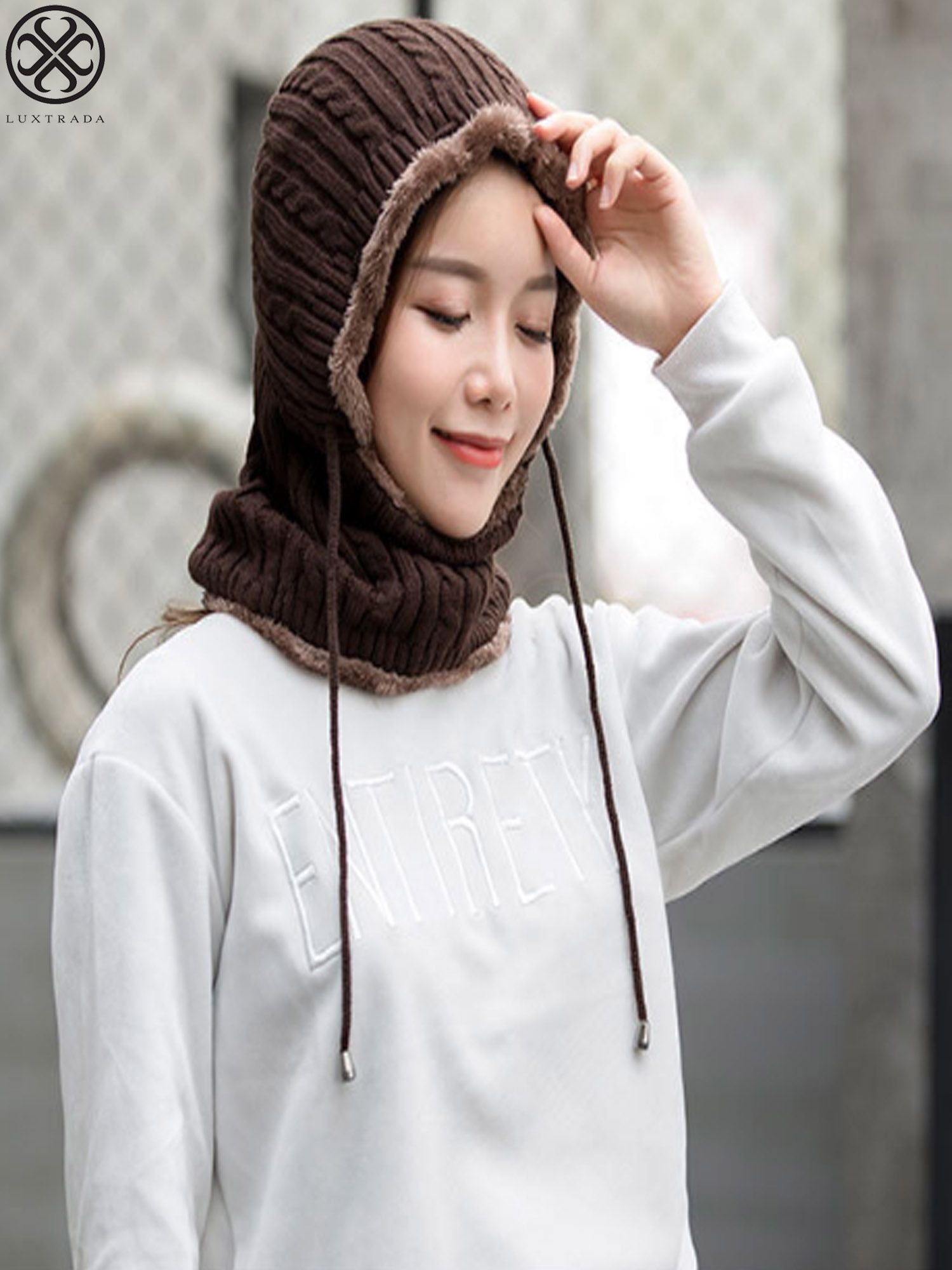 Luxtrada Womens Winter Beanie Hat Scarf Hat Set Conjoined