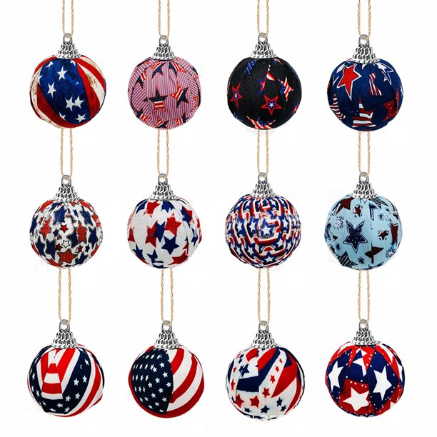 12 bolas de tela para el Día de la Independencia, decoración navideña, adornos para bodas, bailes de graduación, adornos para árboles, suministros para colgar en festivales, suministros