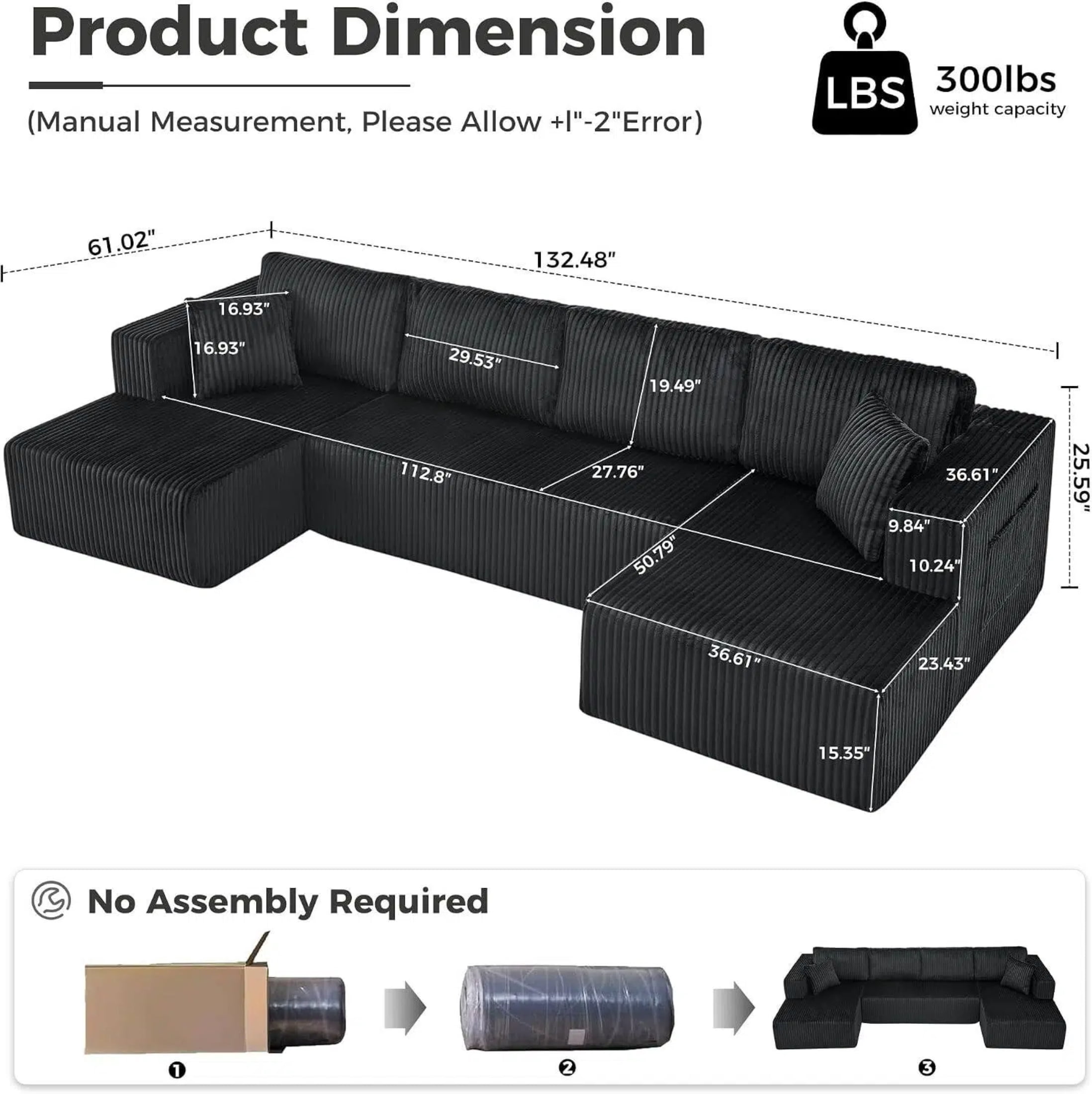AISWORD 132" U Shaped Modular Sectional Sofa, Comfy Cloud Boneless Sofa with Chaise and Side Pockets, Memory Foam Sleeper Sofa for Living Room, Black