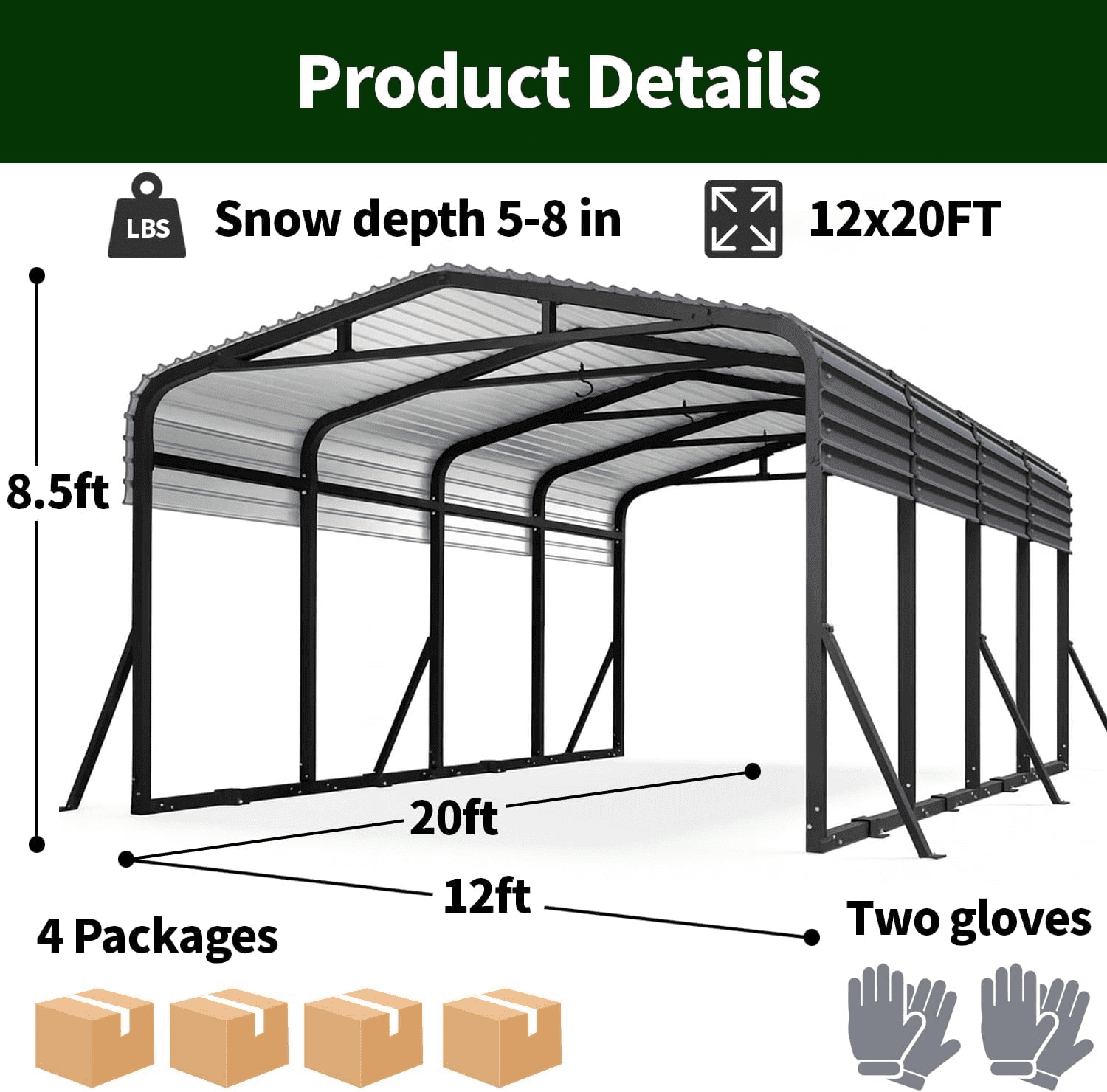 HEITOK Metal Carport Outdoor Garage Shelter - Heavy Duty Galvanized Steel - 12' x 20' Black