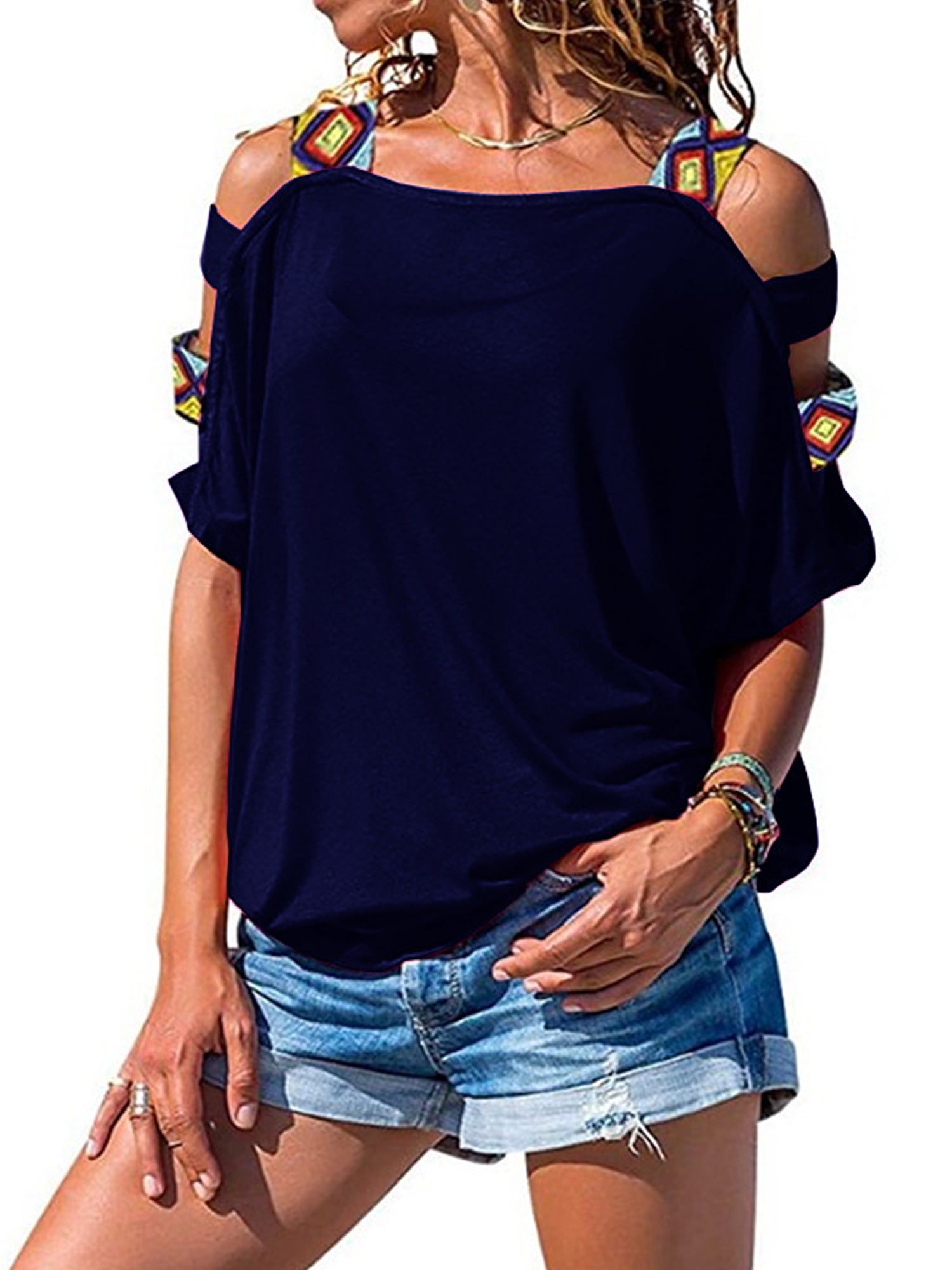 finess Summer T Shirt for Women Short Sleeve Cold Shoulder O-Neck Blouses Graphic Tees Shirts Loose Fit Pullover Casual Tops 