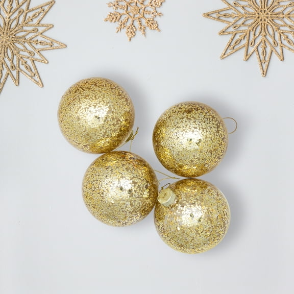 Northlight Metallic Leaves Christmas Glass Ball Ornaments - 4" (100mm) - Clear and Gold - 4ct