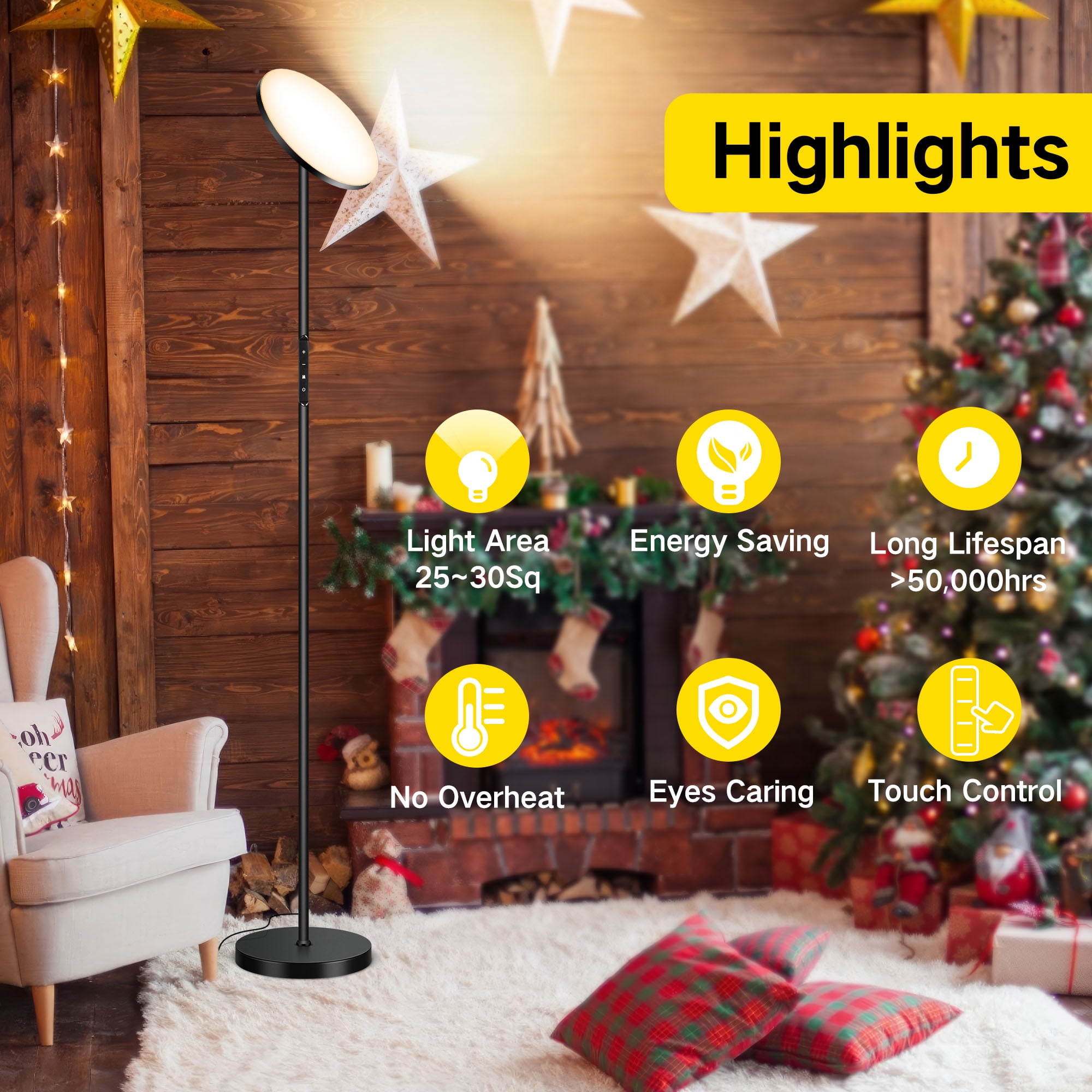 OUTON Torchiere Floor Lamp with Remote, Super Bright Standing Lamp, 4 Color Temperature, Modern LED Tall Lamp for Living room, Bedroom, Black