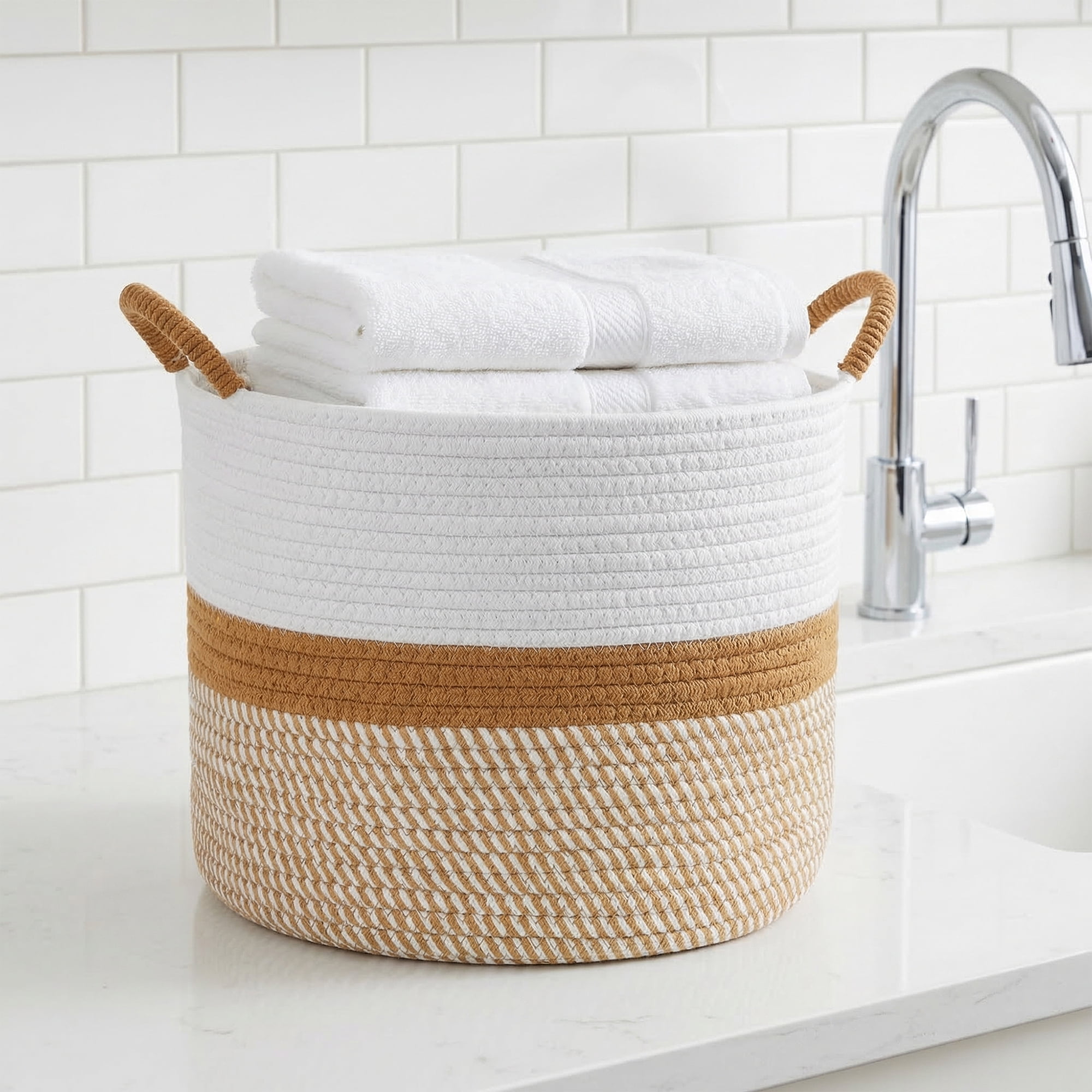 Unique Bargains Multiple Use Woven Storage Bin for Home White Coffee 11.8*11.8*9.4in