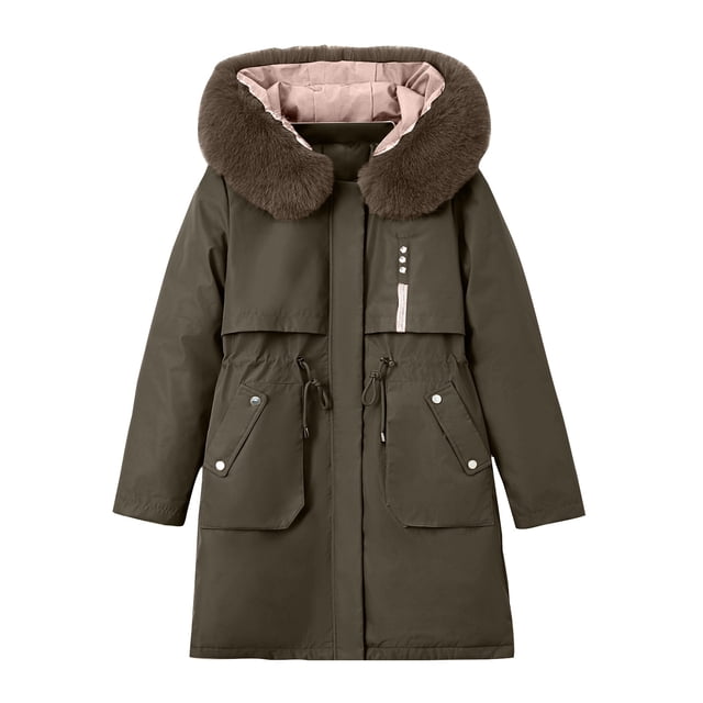 Yuyuzo Winter Jackets for Women Hooded Long Sleeve Patchwork Drawstring Waist Button Zipper Coats with Pockets