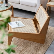 Homary Japandi Walnut Rattan and Wood Lounge Chair Accent Chair for Living Room