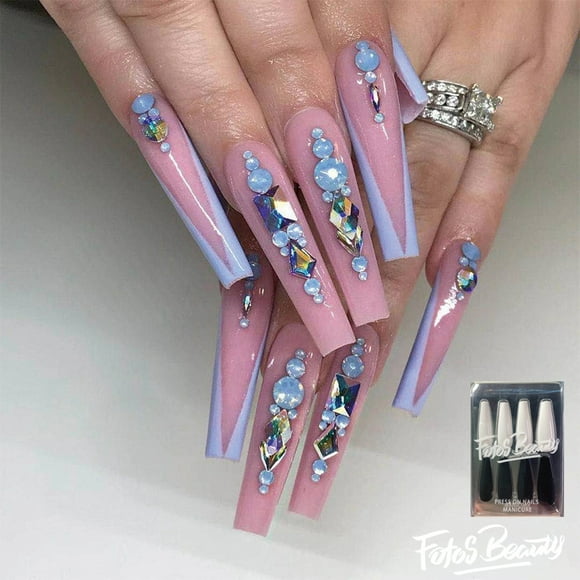 Fofosbeauty 24pcs Press on False Nails, Long Coffin Fake Nails, Diamonds in Deep V French Ocean