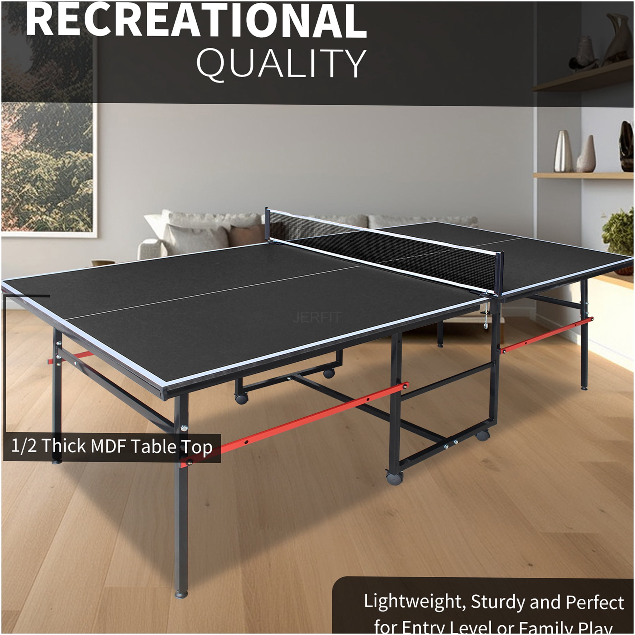JERFIT 8ft Foldable Ping Pong Table Set with Net, Paddles & Balls for Indoor Outdoor Games, Mid-Size MDF Top on Aluminum Frame, Portable Design for Home & Office Use