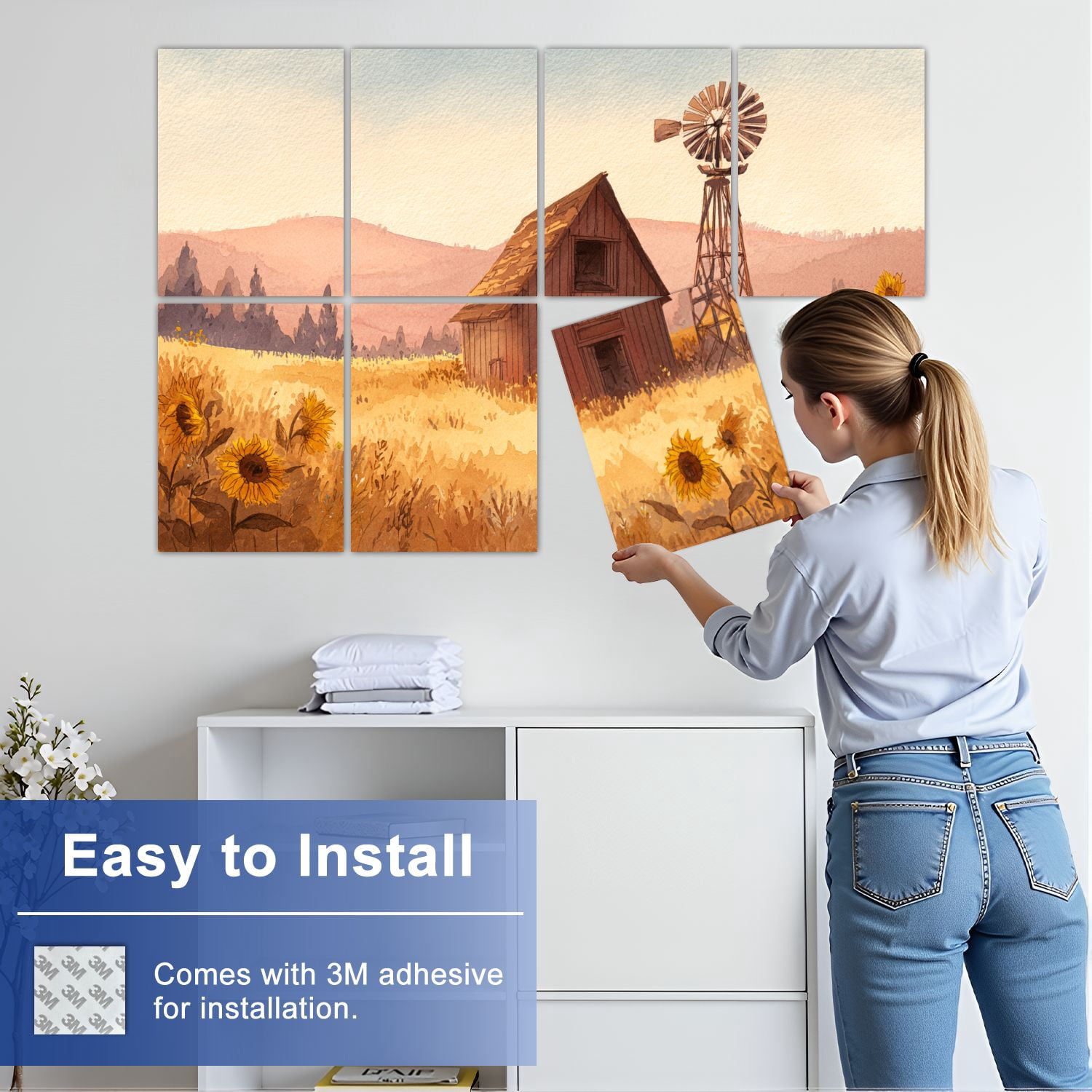 8 Pack Art Acoustic Panels Sound Absorbing Golden Sunset Barn Sunflowers Watercolor Art Decorative Soundproof Wall Panels Self Adhesive for Bedroom Home Office 48"x32"