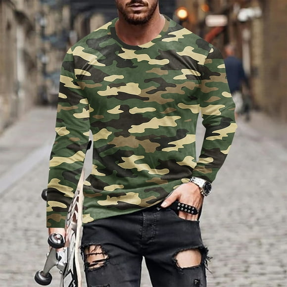 Weiqiqre Men's Blouse Fashion Casual Camouflage Printing Long Sleeve Round-Neck Blouses Shirts Regular Fit, All-Season Wear, Casual Dress,Camouflage,S