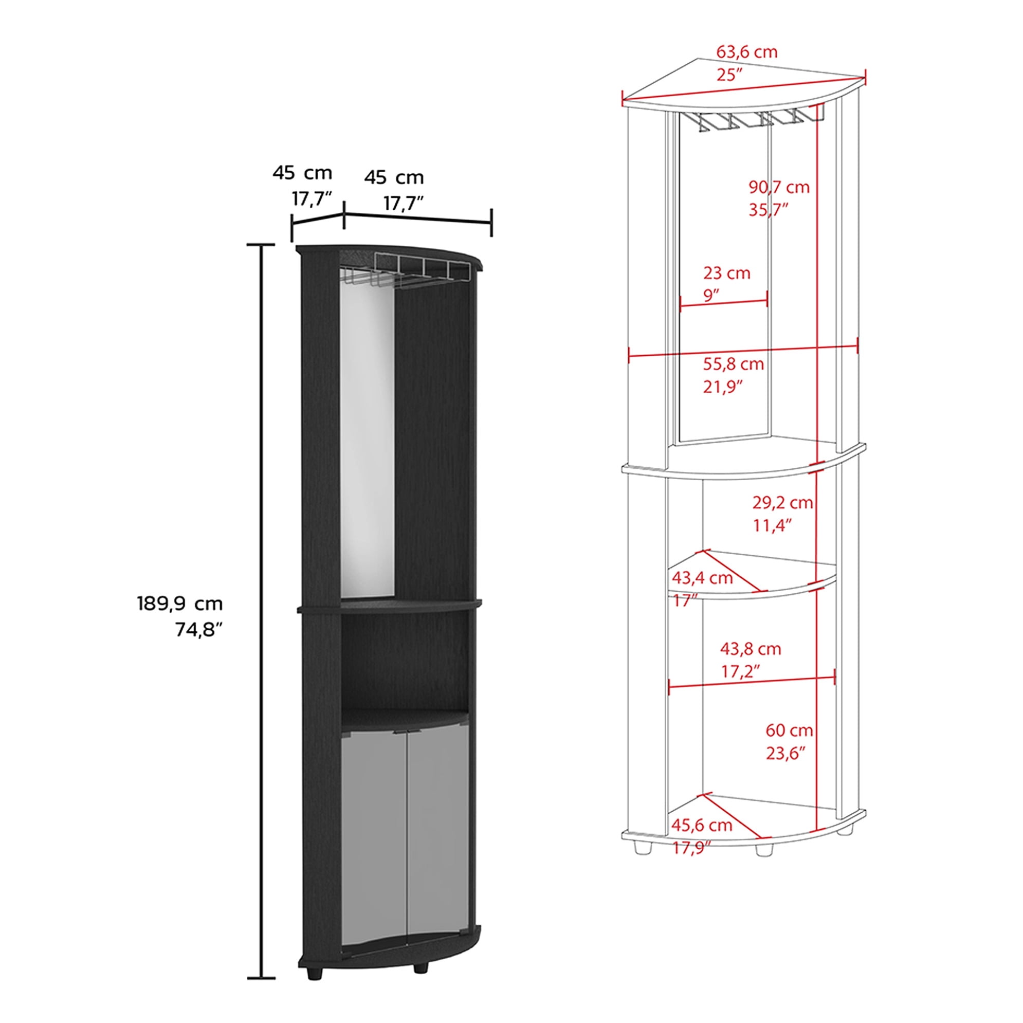 Black Finish Corner Bar Cabinet , 3 Shelves, Maximize Practicality With Three Shelves In For Space Saving