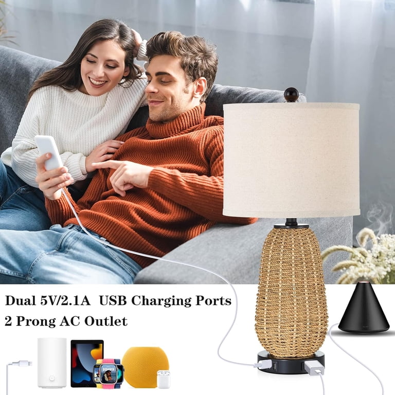 Cinkeda Rattan Table Lamp Set of 2, Farmhouse, USB photo 4