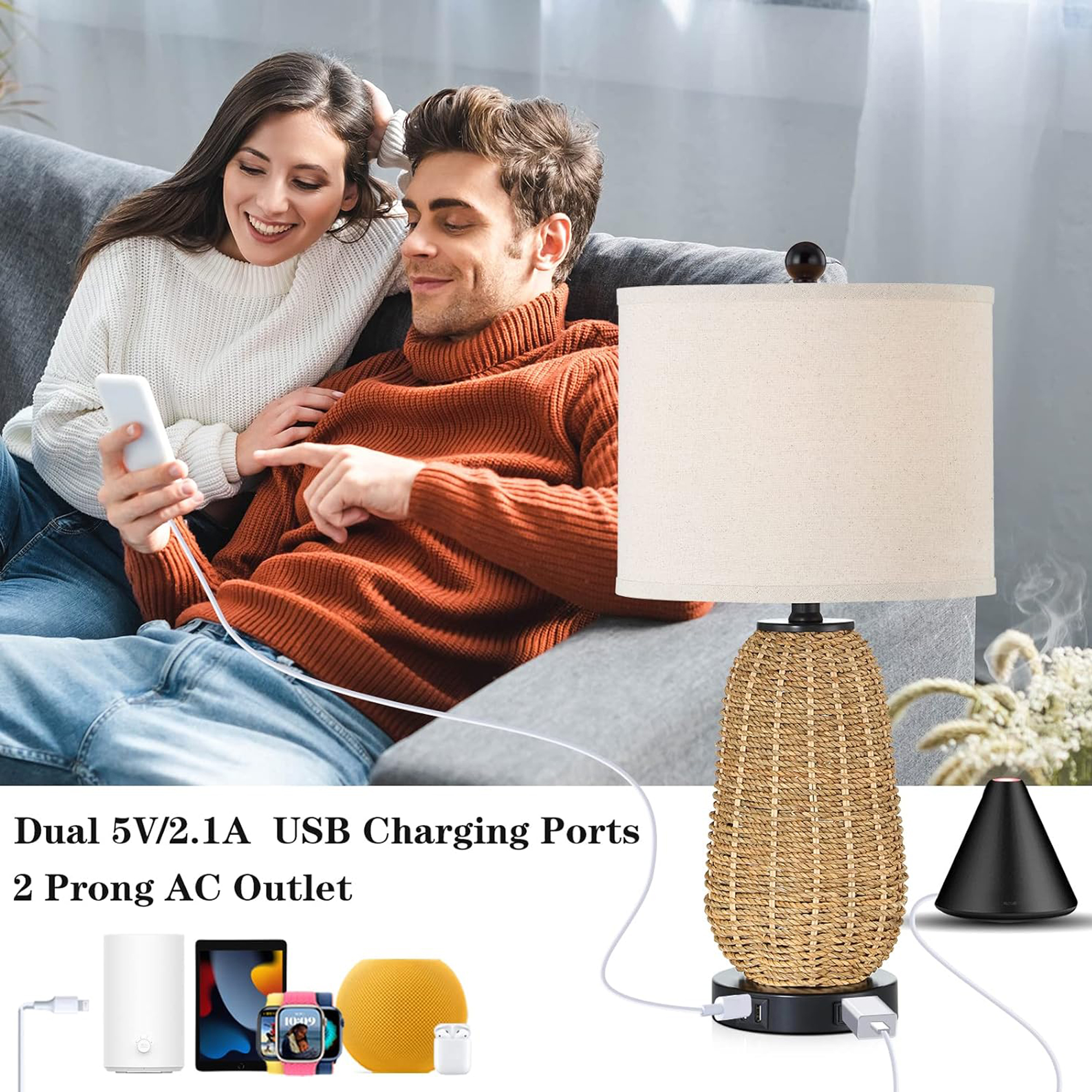 Cinkeda 3 Way Dimmable Touch Control Table Lamps Set of 2 for Living Room Bedroom Farmhouse Oatmeal Braided Rattan Bedside Nightstand Lamp with USB Ports AC Outlet(2 Bulb) - image 3 of 8