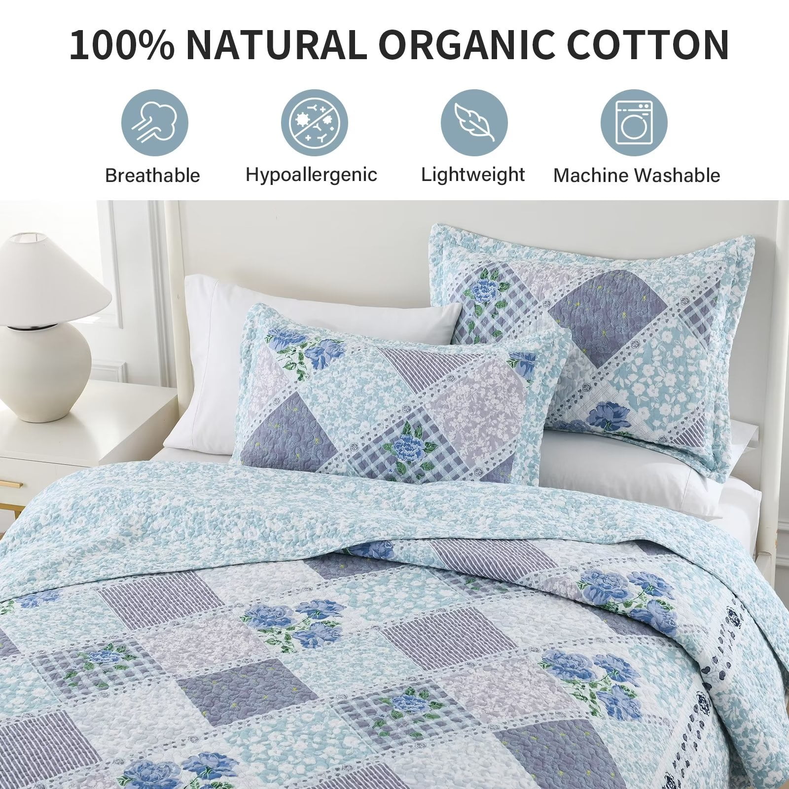 DDUOXIN California Queen Quilt Bedspread Set, 100% Cotton Blue Plaid Floral Reversible Oversized Queen Size Quilt Bedspread, Lightweight Farmhouse 3-Piece Spring Quilt for Queen Bed - 120"x102"