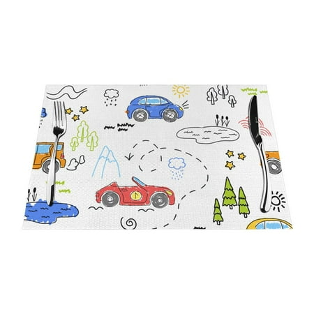 

XMXT Woven Placemats Set of 6 Car Cartoon Line Drawing Stain Resistant Table Runner Anti-Skid Place Mats for Dining Table 12 x 18 inches