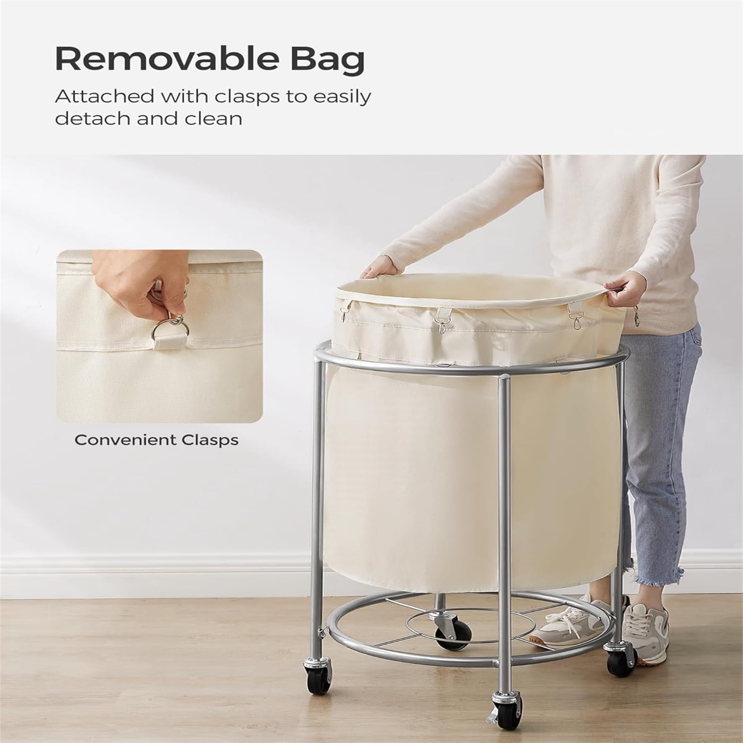 50.2-Gallon (190 L) Laundry Basket with Wheels, Rolling Round Heavy-Duty Laundry Hamper Cart with Steel Frame and Removable Bag, 2 Locking Wheels, Cream White and Metallic Silver