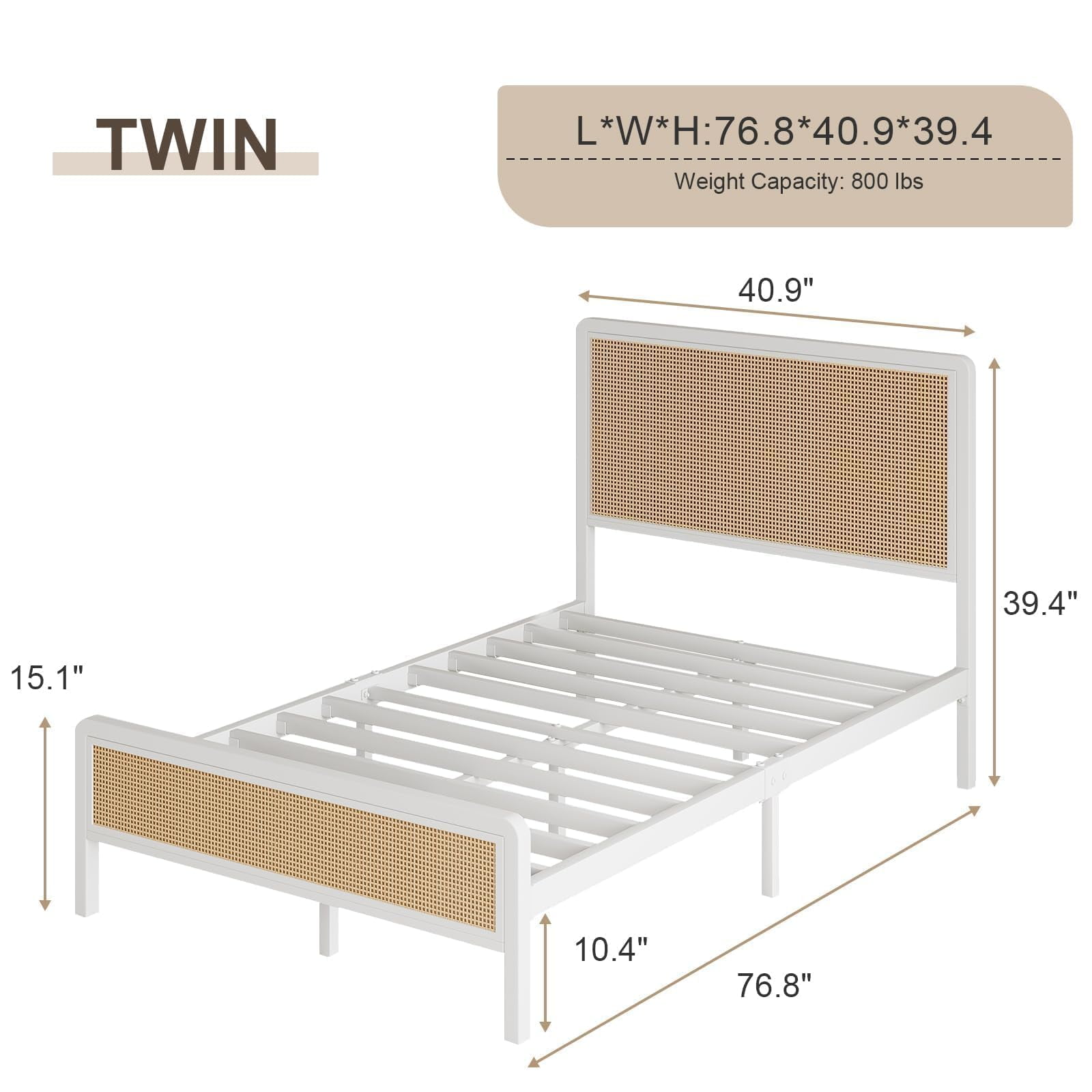 4 Ever Winner Twin Size Bed Frame, Rattan Bed Frame with Natural Rattan Headboard and Footboard, No Box Spring Needed, White