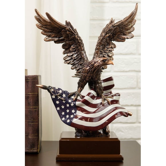 Large Wings of Glory Majestic Bald Eagle Clutching On USA American Flag Statue