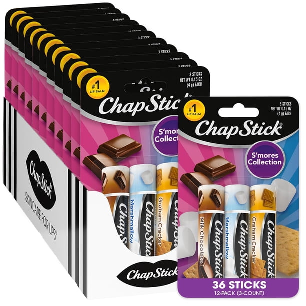 ChapStick Hidratante Labial, Colección S’Mores Paquetes de 3 (12 Sets/36 Tubos) – Bálsamo Labial al por Mayor, Acogedor y Dulce, 0.15 Oz Cada Uno