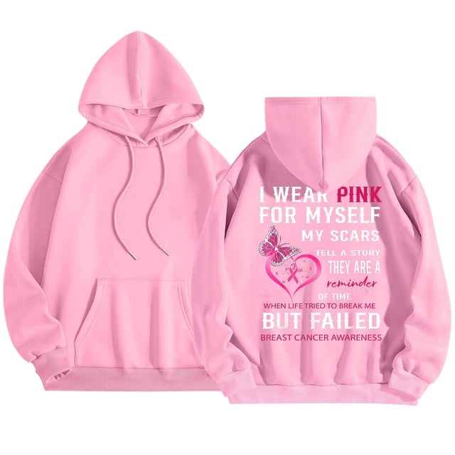 Cancer Awareness Ladies Long Sleeve Letter Print Hooded Pullover Sweatshirt for Everyday Comfort Support