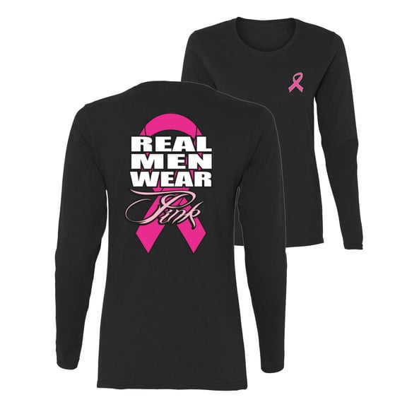 Wild Bobby Breast Cancer Awareness Real Men Wear Pink Front and Back Women Long Sleeve Tee, Black, Small