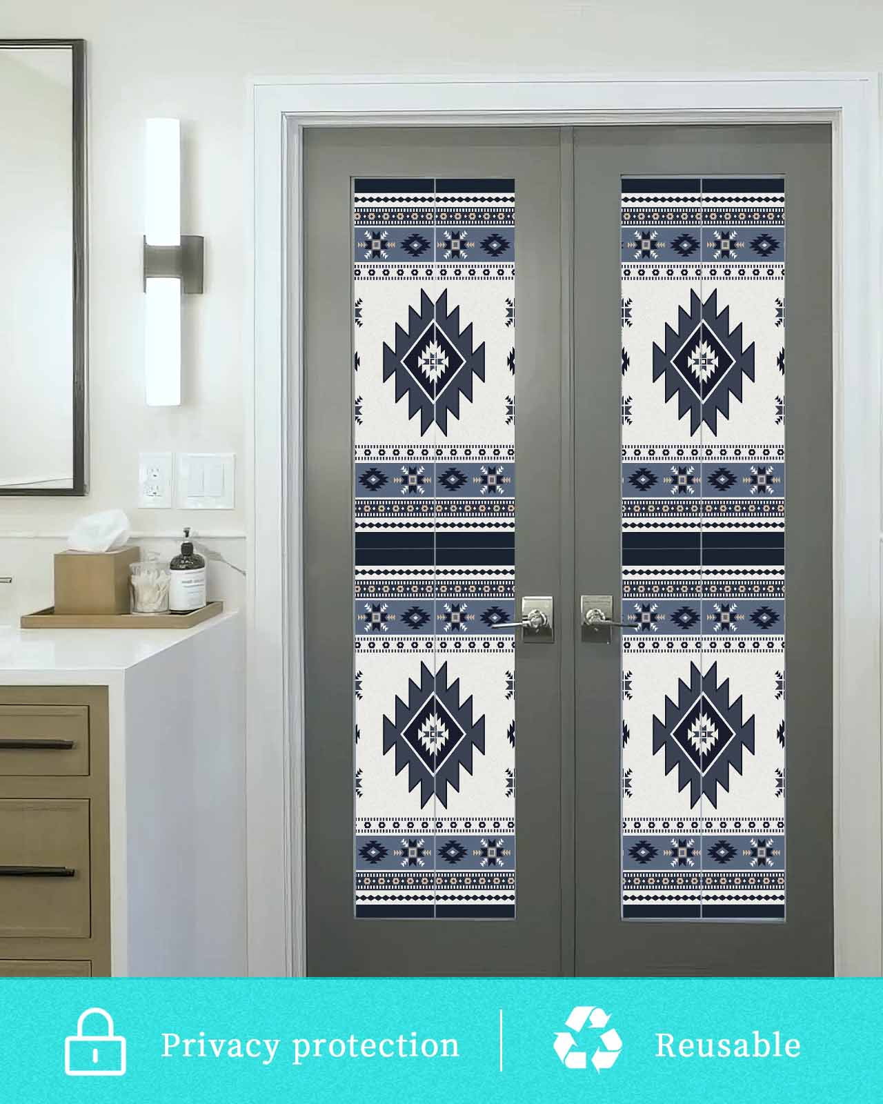 Window Privacy Film Dark Blue Boho Stained Glass Window Film Decorative Sun Block Window Cover Farmhouse Neutral Abstract Geometric Window Clings Static Adhesive Sticker for Bathroom 29.5"x118"