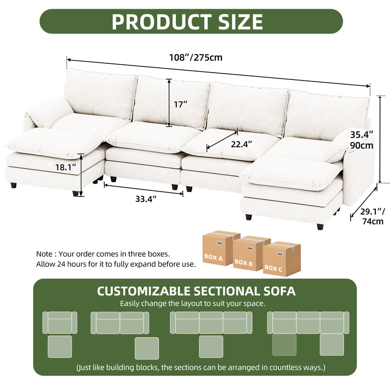Uforic Sectional Sofa with Ottoman, 142" U Shape Modern 6 Seat Cloud Couch with Pillow-Armrest, Beige