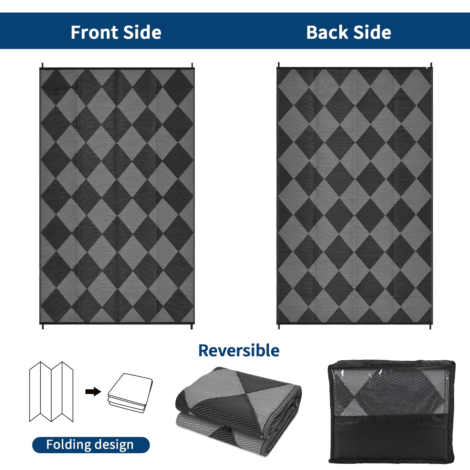 HIWEAVER 9' x 12' Black/Gray Outdoor Rug PP Plastic Straw Woven Waterproof Patio Rug with Border Portable Outside Carpet for Balcony Deck Picnic Garden Decor