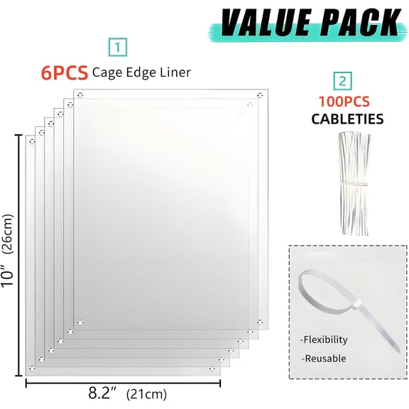 6PCS Cage Grid Divider Panels 8.2x10 Inch with 100 Cable Ties, Clear DIY Modular Small Pet Habitat Enclosure Connector for Dog Cat Rabbit Hamster Guinea Pig Cage Liner