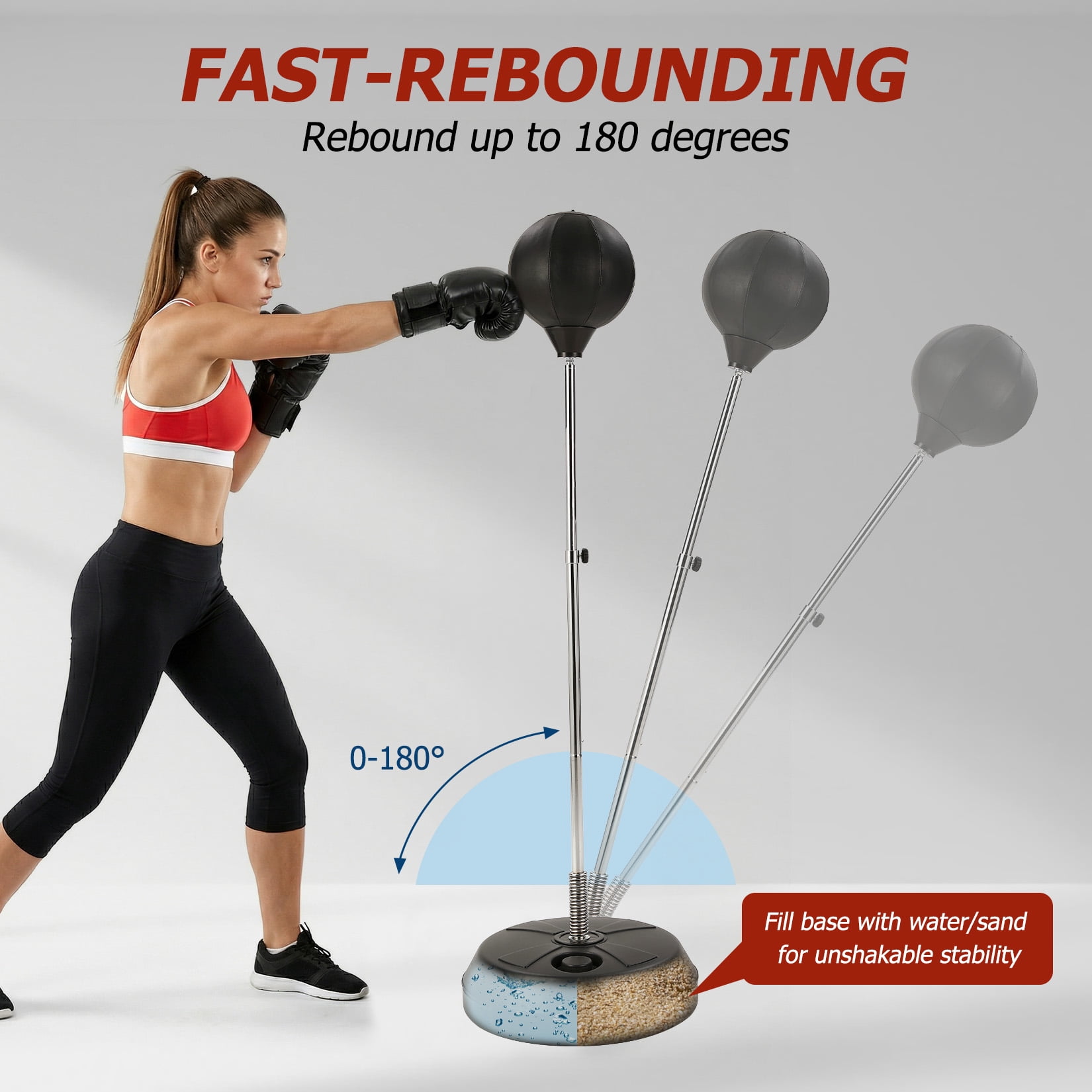 Freestanding Punching Bag Set with Gloves, Adjustable Height Reaction Boxing Ball with Spring Base, Standing Punch Bag for Adults & Teens, Home Gym Fitness Training Equipment 53-61 inch