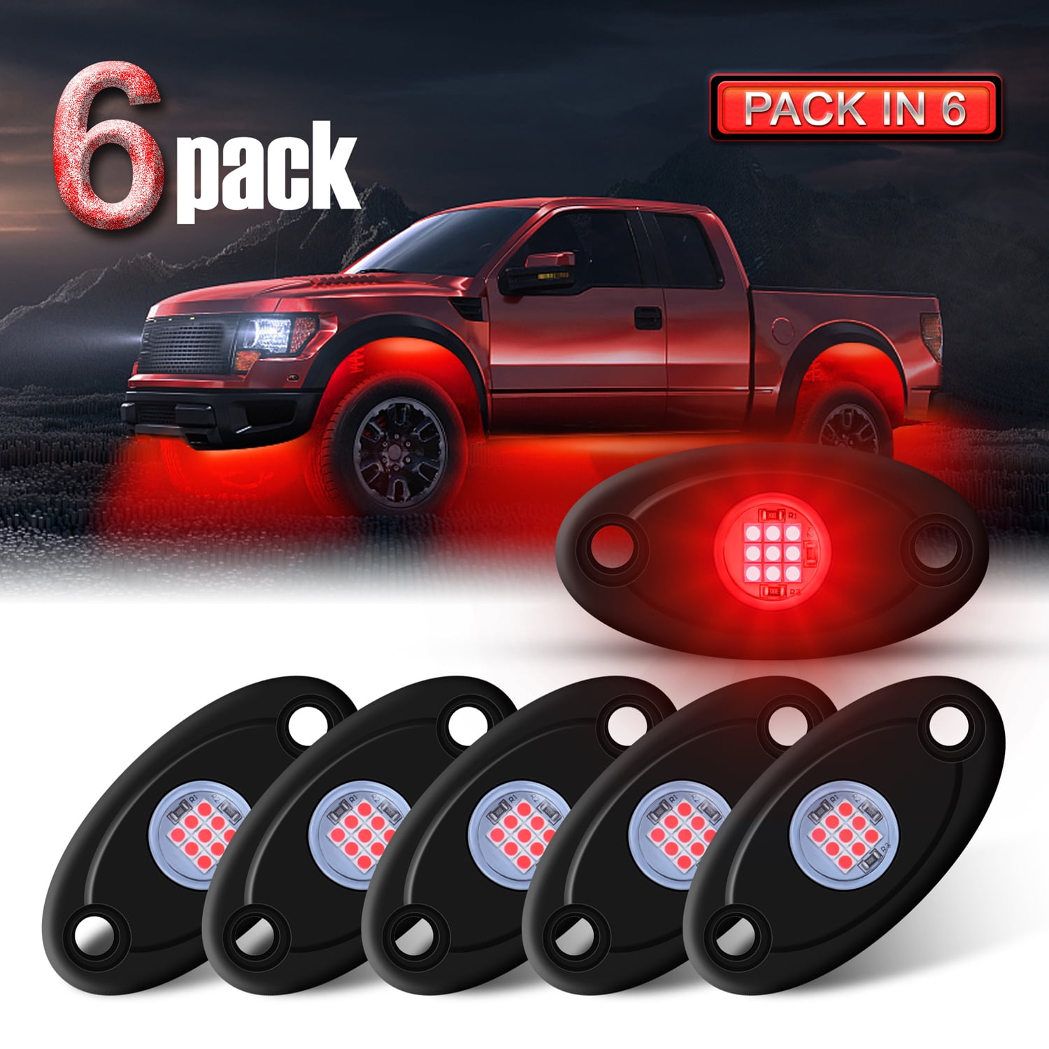 Ciachd 6Pods LED Rock Lights Red Neon Underglow Light for Car Truck ATV UTV SUV Jeep Boat Underbody Glow Trail Rig Lamp Waterproof