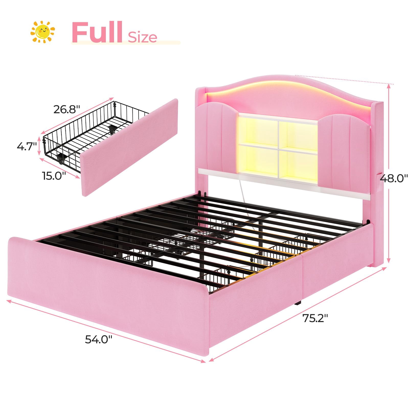 Afuhokles Velvet Upholstered Full Size Bed Frame with 4 Drawers and Hidden Storage Headboard, LED Lights and Charging Station,Pink
