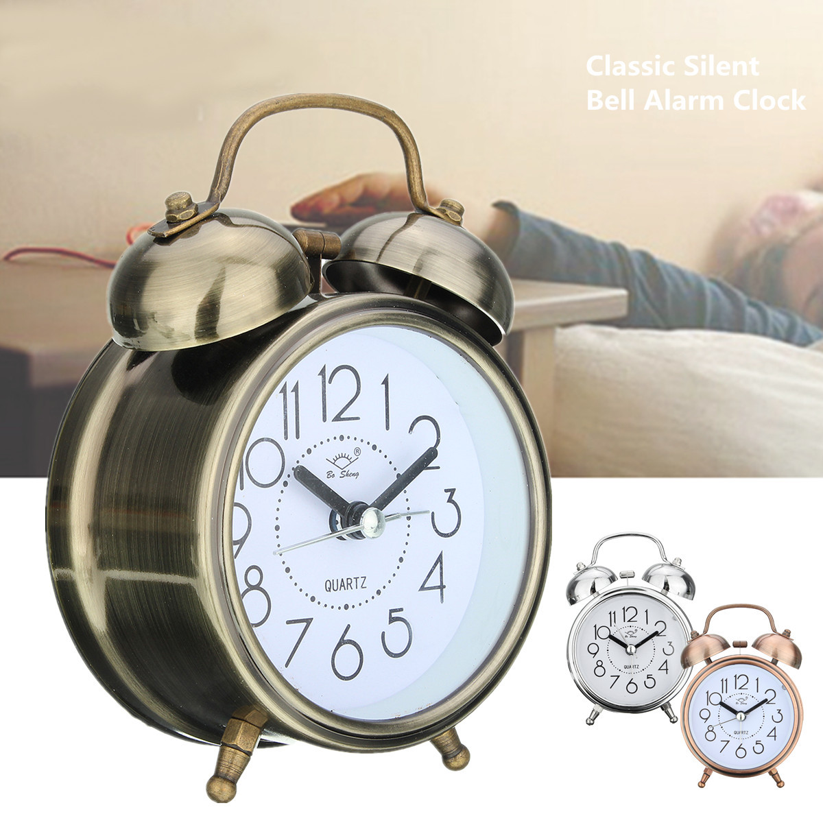 4'' Retro Vintage Metal Dual Twin Bell Alarm Clock Wind Up Mechanical Clock Quartz Movement with
