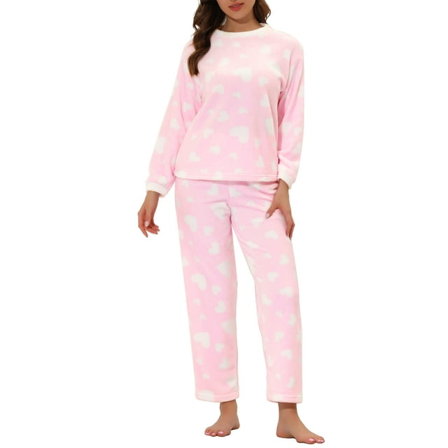 INSPIRAR CHIC Conjunto de Pijamas de Flanela Cálida de Mujer con Corazón y Estrella, con Pantalones de Forro de Piel de Terciopelo M Rosa