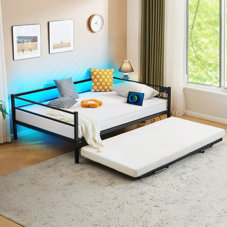 Zimtown Full Metal Daybed with Trundle & LED Lights, Black photo 2