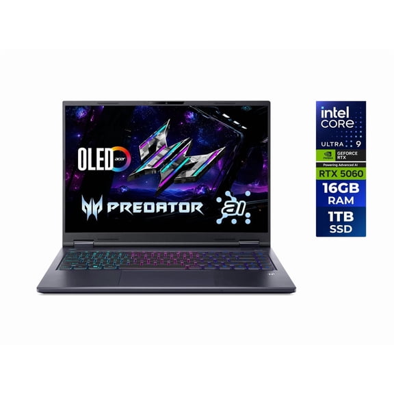 Acer Predator Helios Neo 14 AI Gaming, Intel Core Ultra 9 processor 285H, NVIDIA GeForce RTX 5060 Graphics Laptop GPU, 14.5"OLED 120Hz Display, 16GB, 1TB PCIe Gen 4 SSD, Wi-Fi 6E, Windows 11 Home