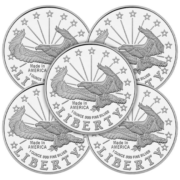 Lot of 5 - 1 Troy oz Liberty Eagle .999 Fine Silver Round