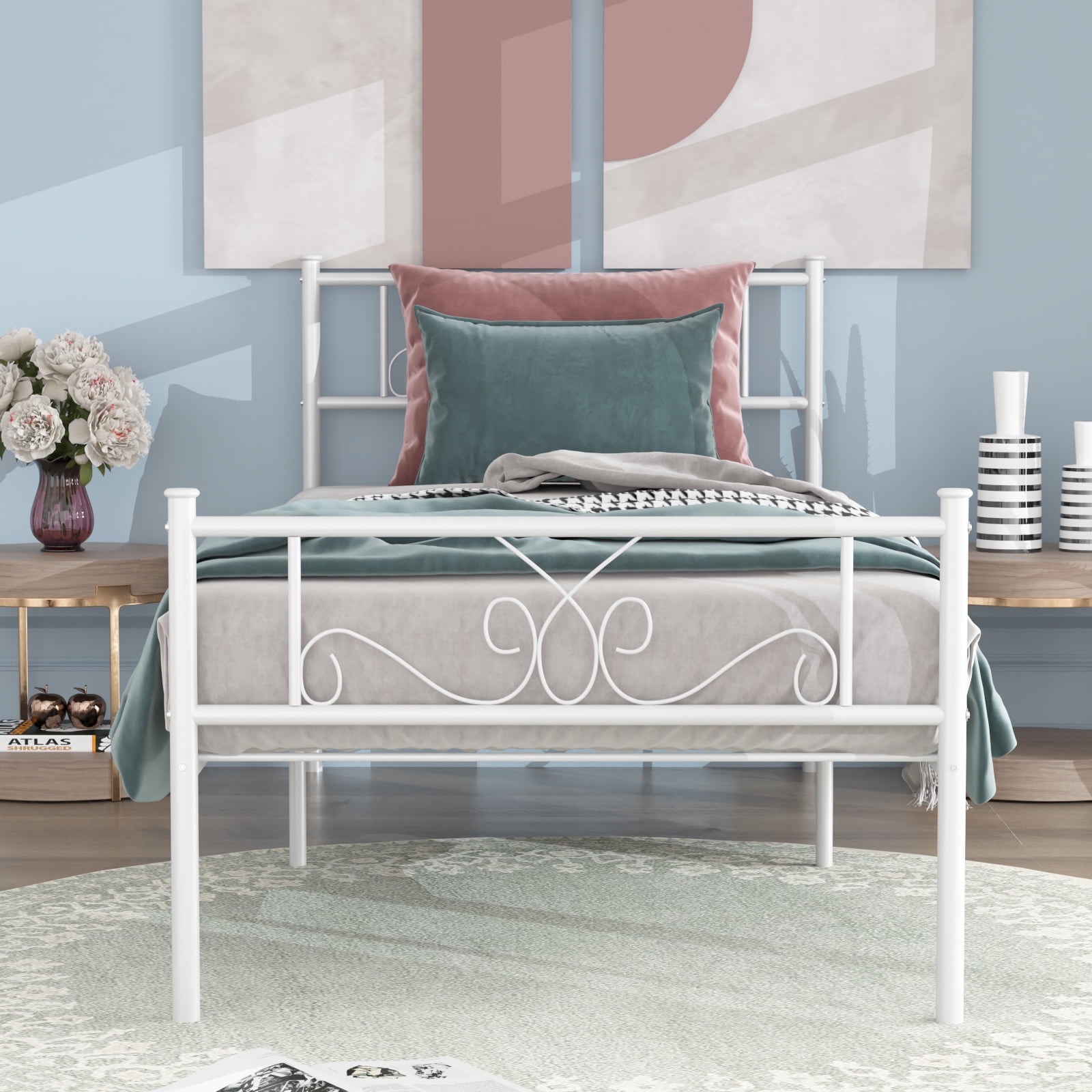 Yoneston Easy Set-up Premium Metal Bed Frame Platform Box Spring with Headboard for Kids, Twin, White