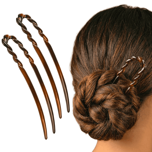 Parcelona French U Hair Pins 3.5" Tortoise Shell Bun Chignon Forks (Set of 2)