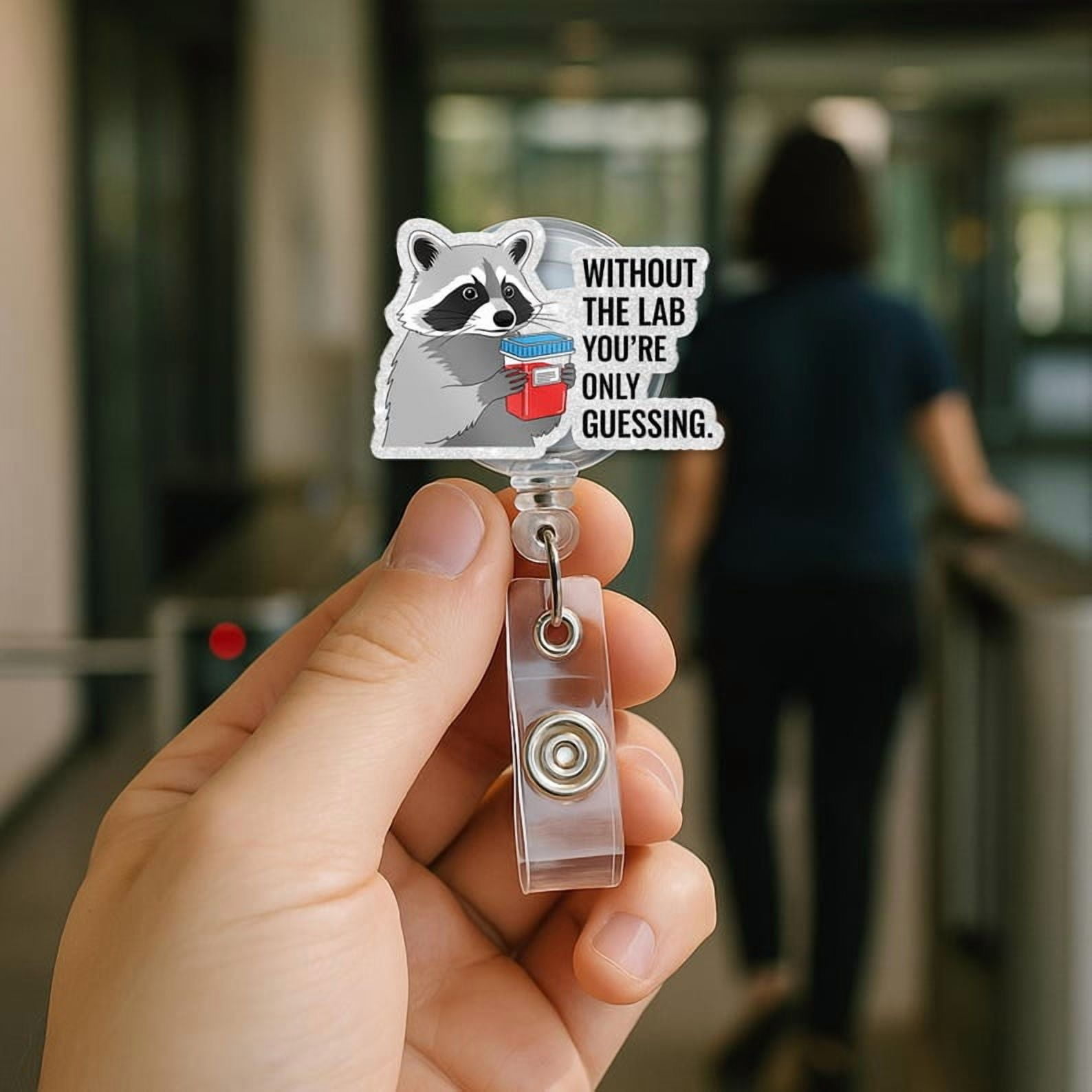 ViciArt Funny Lab Badge Reel, Acrylic Retractable ID Holder, Raccoon Specimen Cup