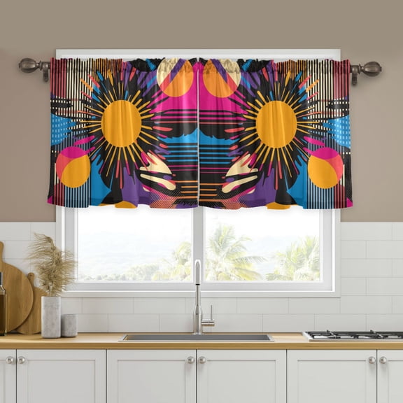 Yayeee Kitchen Curtains Tier Set of 2 Light Filtering 57"x24" Over Sink Window Panels, Futuristic Circles