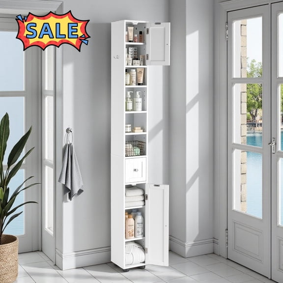 Tcbosik Slim Storage Cabinet with Drawer and 2 Doors, 70.8" Tall Bathroom Cabinet with Adjustable Shelves, Narrow Cabinet for Small Space, Living Room, Kitchen, White