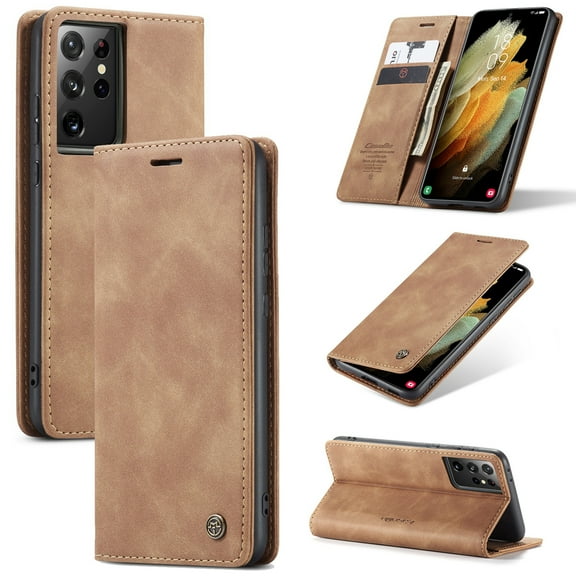 Dteck Case For Samsung Galaxy S21 Ultra 6.8-inch,Magnetic Leather Luxury Card Holder Pocket Case Shockproof Full Protective Kickstand Retro Flip Cover,Brown