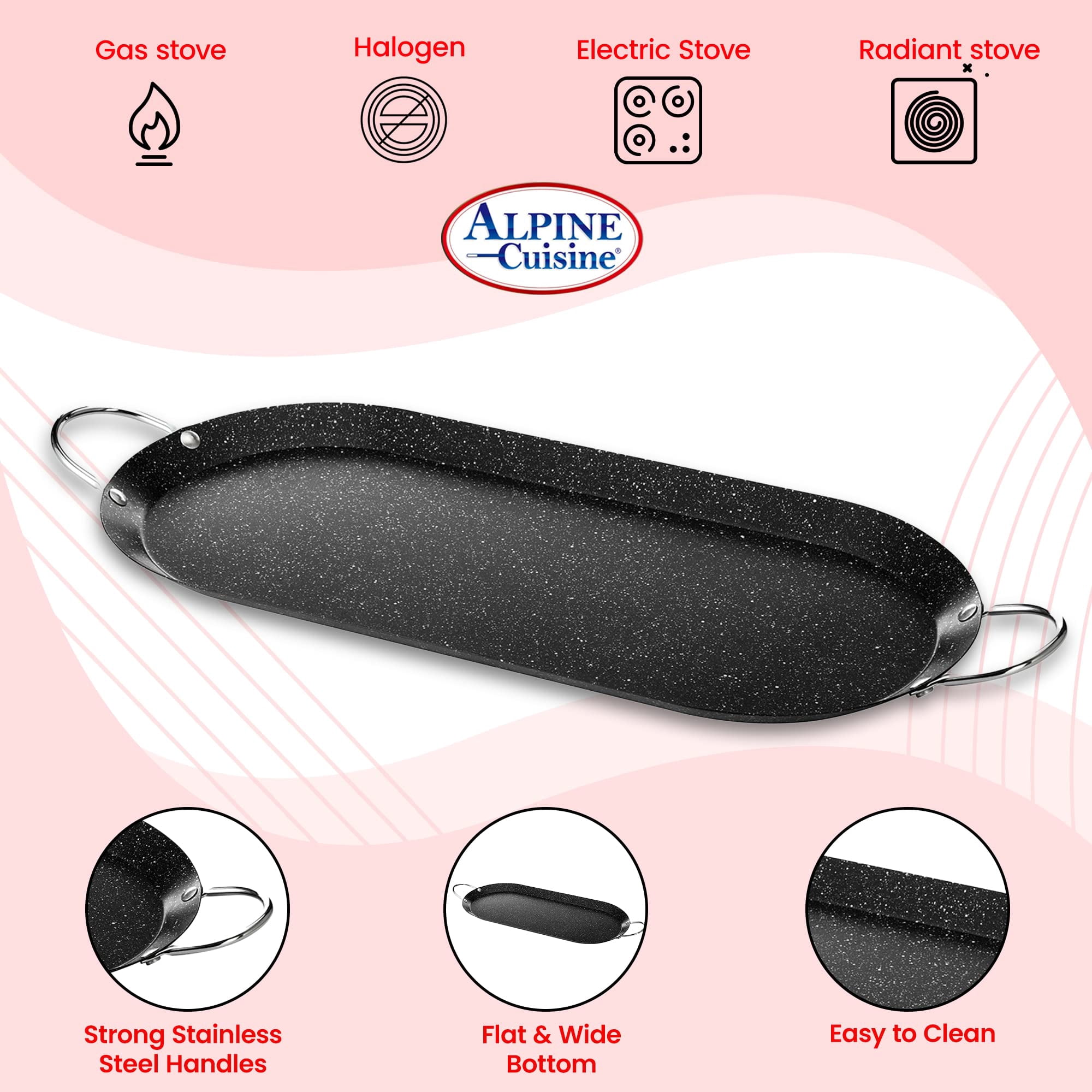 Alpine Cuisine Oval Comal Griddle 17.5x8in Nonstick Coating Black Griddle with Durable Double Handle - Durable, Heavy Duty Comal for Cooking - Even-Heating