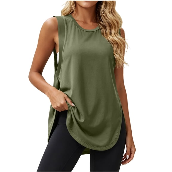 MAFYTYTPR Women's Side Slit Longline Round Neck Tank Tops Spring Summer Solid Color Casual Tops for Sports Workout 1PC S-XXL