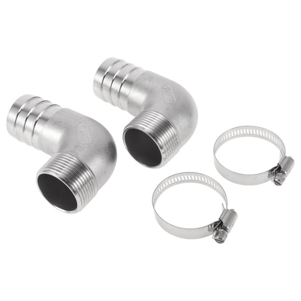 Conectores de manguera Barb de Unique Bargains con 2 abrazaderas, conector de codo de 90 grados para aire, agua, aceite, gas, combustible, acero inoxidable 1.5" OD 1.2" BSPT 1 juego tono plateado