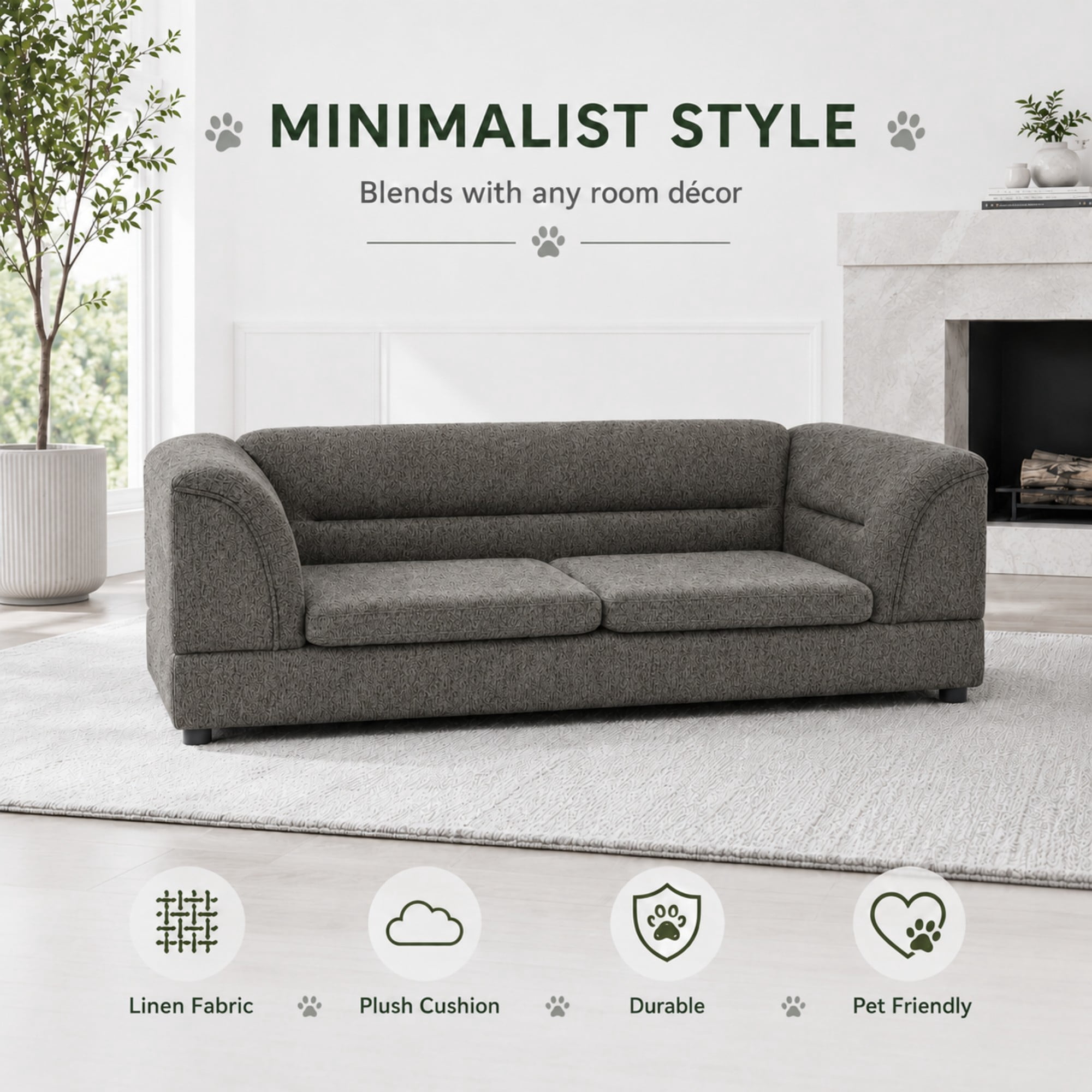 Aenkyo 52" Large Dog Sofa Bed, Linen Pet Couch with Removable Cushions,Dark Gray