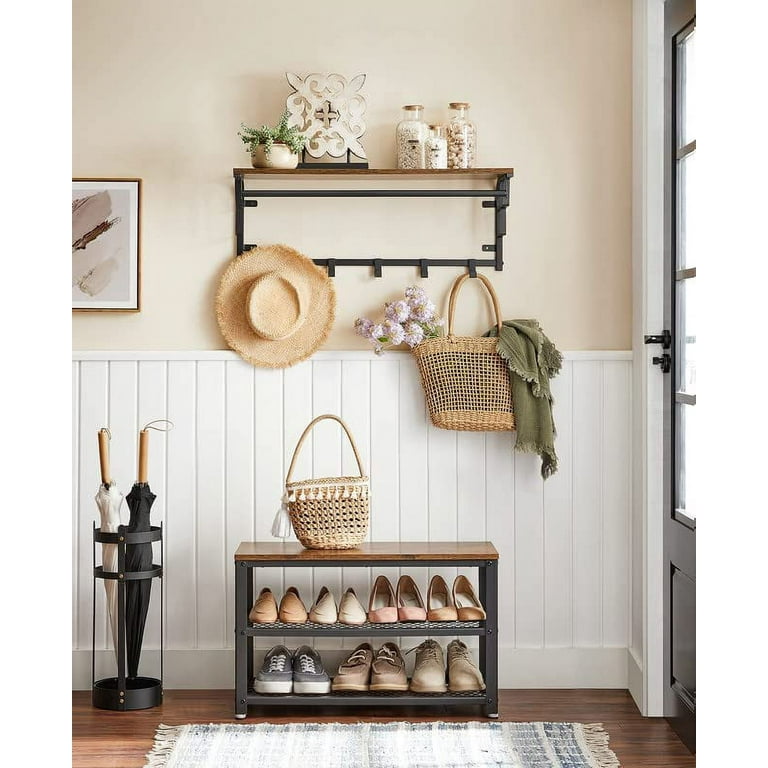 Shoe Bench, 3-Tier Shoe Rack, 39.4 Inches Long Storage Shelves, for Entryway, Living Room, Hallway-Rustic Brown and Black