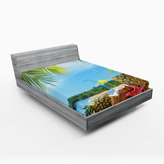 Ambesonne Beach Fitted Sheet, Coconut Pineapple Summer, Queen Size, Blue Green Brown