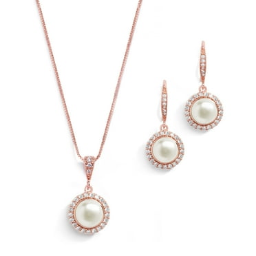 Mariell Pearl Bridal Wedding Necklace & Earrings Jewelry Set for Brides, Bridesmaids, Rose Gold Jewelry